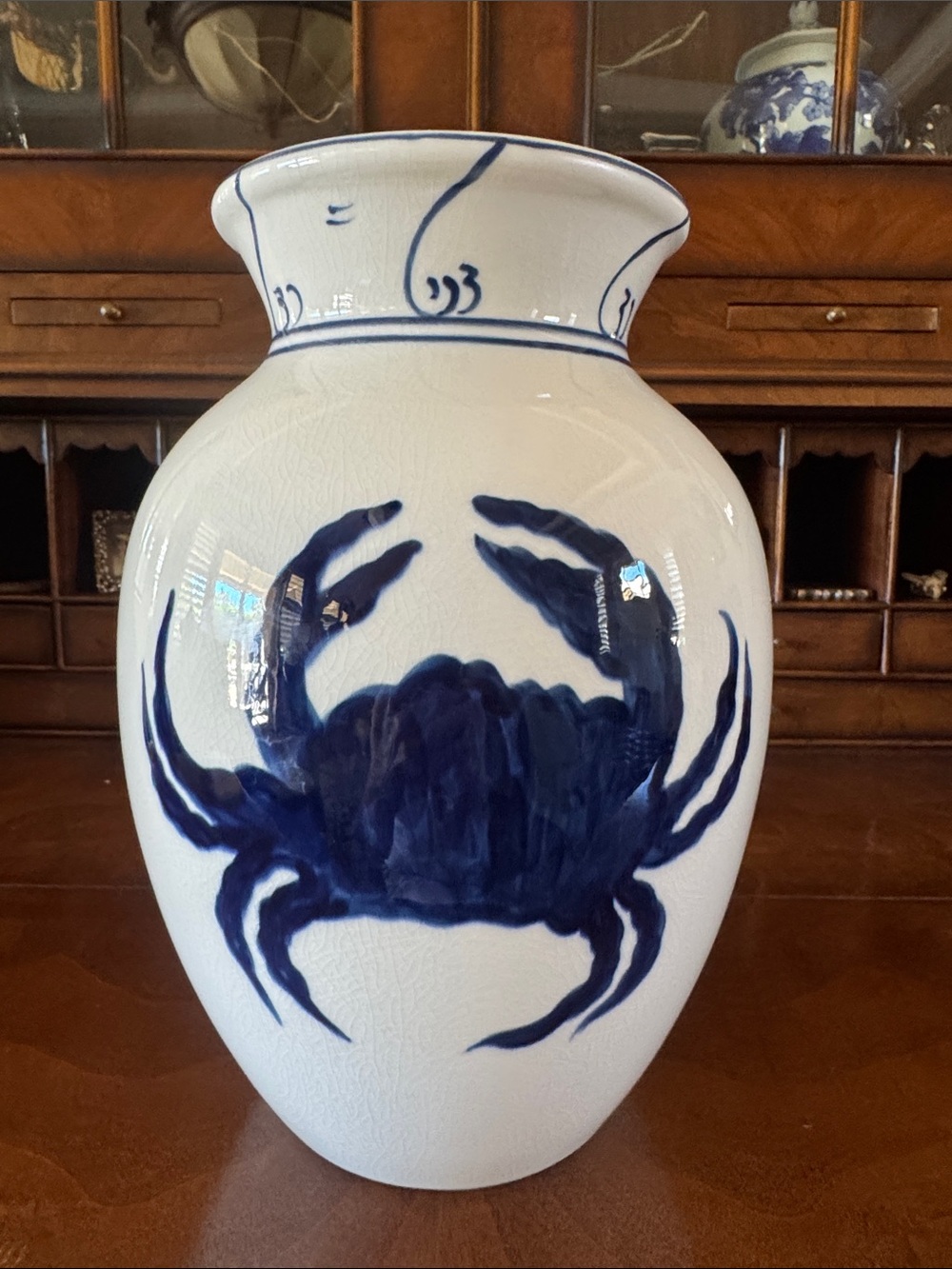Gorgeous Hand-Painted White Crackle Ceramic Vase with Blue Crab Motif - New!
